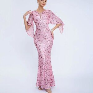 New Pink Sequin Floral Mermaid Gown Flutter Sleeve Formal Evening Dress